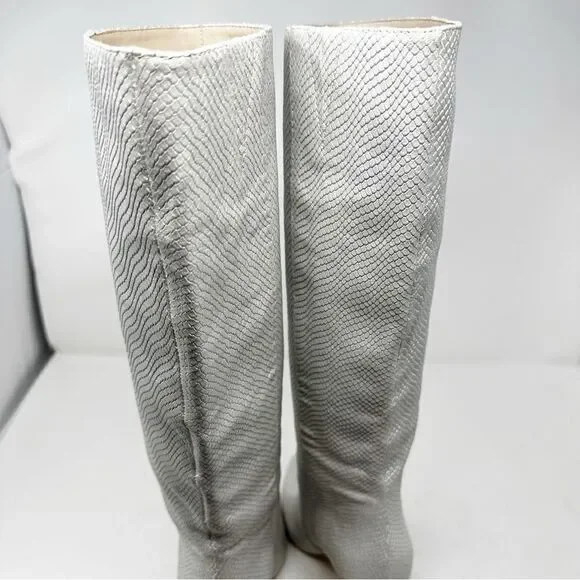 Y2k Silver Croc Embossed Leather Heeled Boots Size 6 Knee High Paige - Picture 5 of 8